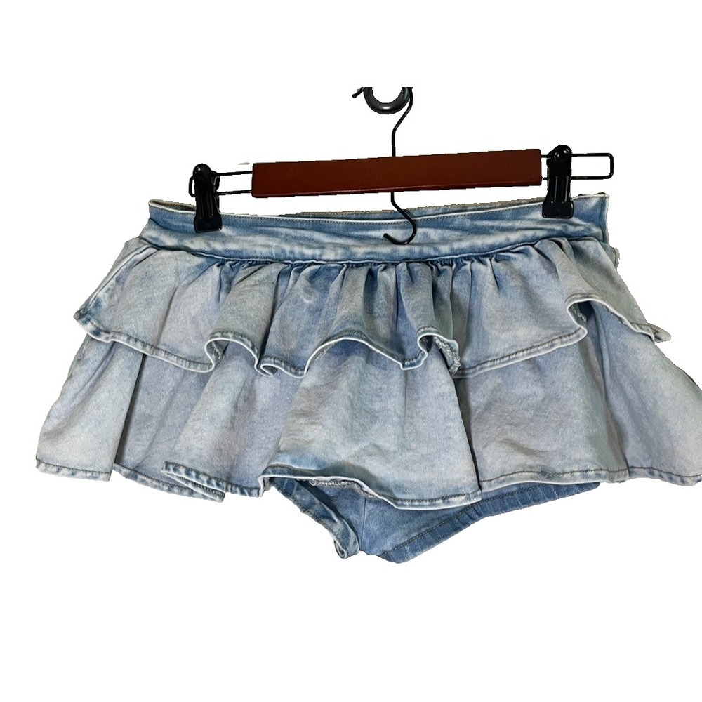 Y2K Denim Ruffle Mini Skirt 26" Western Boho Indie Festival Hippie Bow Skater
